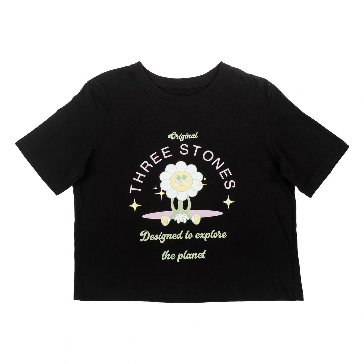 CAMISETA DE MUJER HAPPY FLOWER NEGRA CROPPED